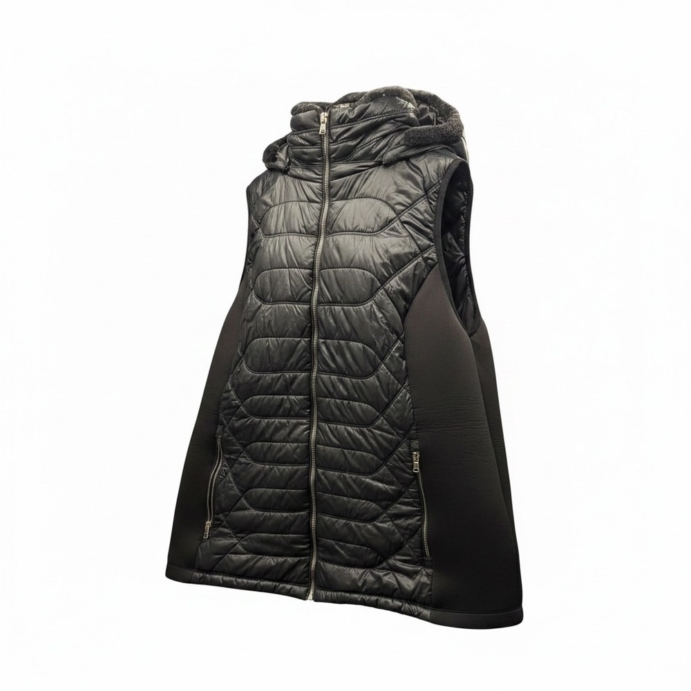 Michael‎ Michael Kors Womens 2X Black Quilted Puffer Vest Faux Fur Hooded 145039